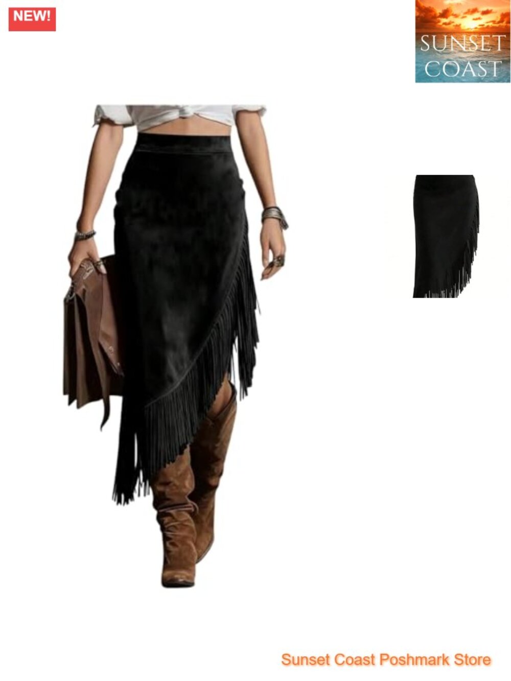 Faux Suede Fringe Asymmetrical Western Midi Skirt High Waisted